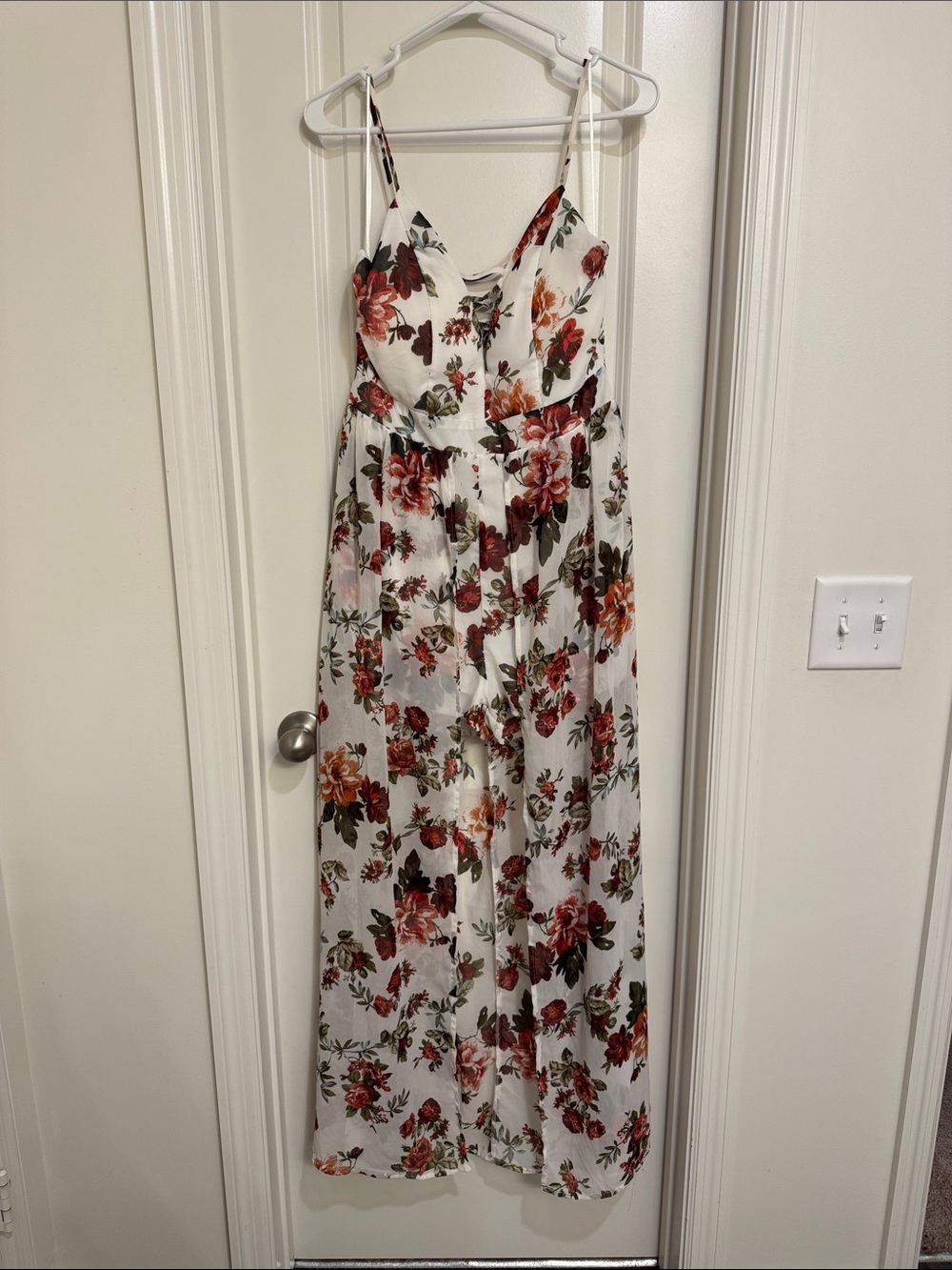 Floral Spaghetti-Strap Maxi Dress - White with Red & Orange Blooms